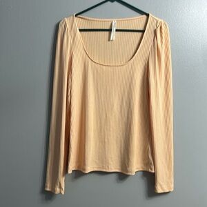 Anthropologie Top Ribbed Low Cut Scoop Neck Puffed Sleeves SZ Med